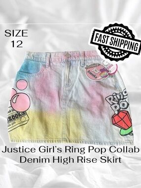 Justice Girls Ring Pop Collab Denim Skirt Size 12 High Rise Skirt FAST SHIPPING